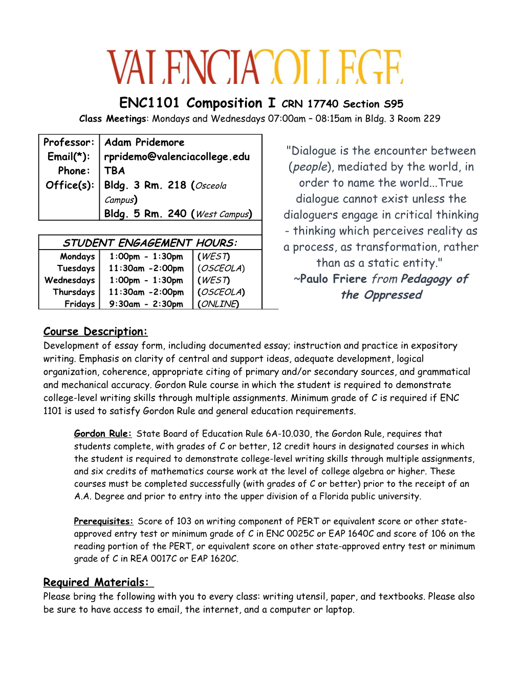 ENC1101 Composition I CRN 17740 Section S95