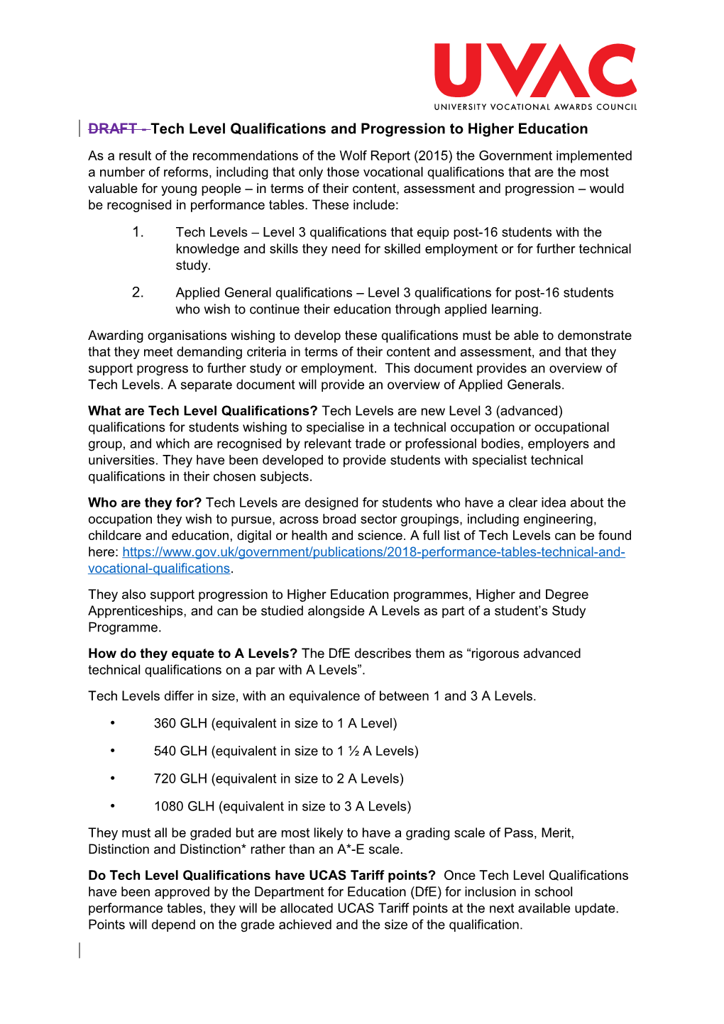 DRAFT - Tech Level Qualifications and Progression to Higher Education