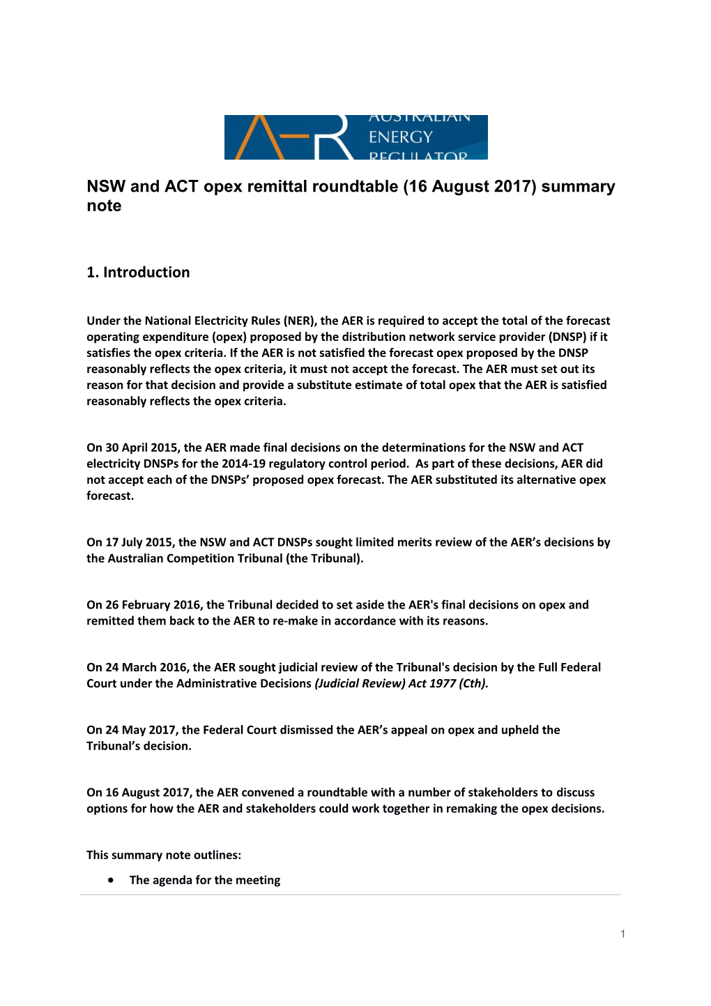 NSW and ACT Opex Remittal Roundtable (16 August 2017) Summary Note