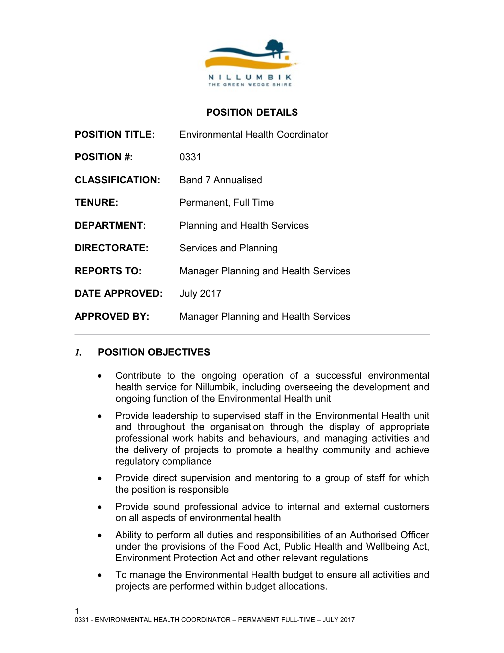 Environmental Health Coordinator Position Description