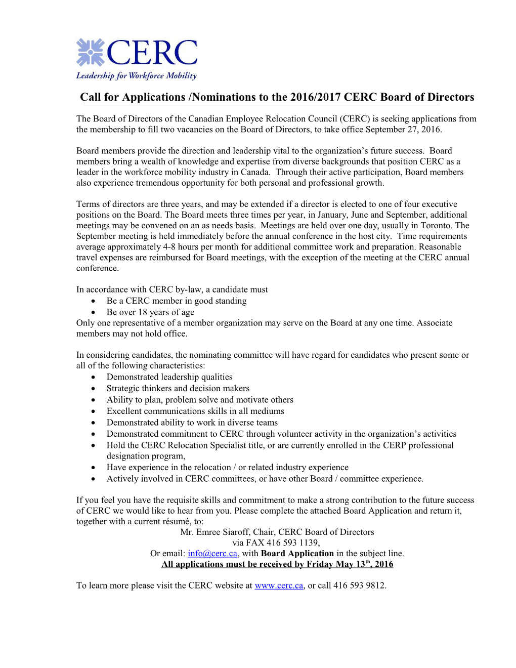 Call for Nominations to the CERC Board of Directors