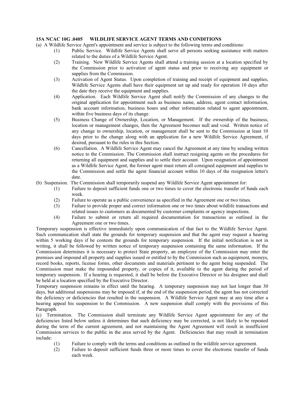 15A Ncac 10G .0405Wildlife Service Agent Terms and Conditions
