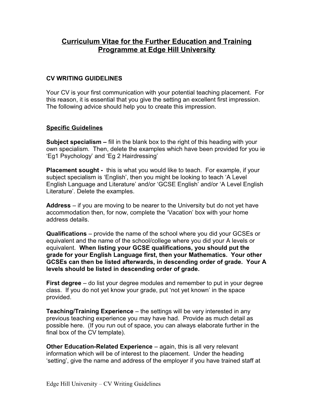 Curriculum Vitae for the PCET Programme at Edge Hill University