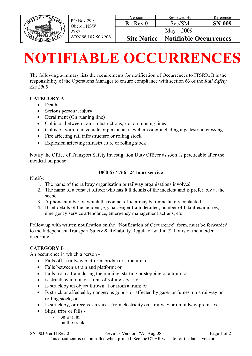 Notifiable Occurrences