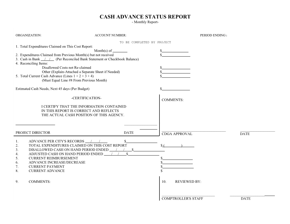 Cash Advance Status Report