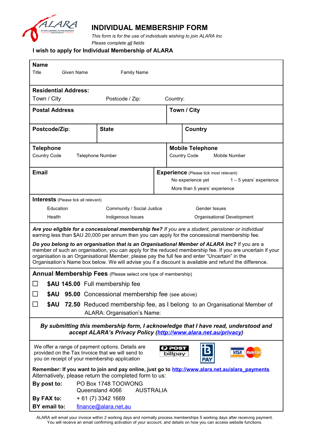 ALARA ORGANISATIONAL E MEMBERSHIP SUBSCRIPTION FORM