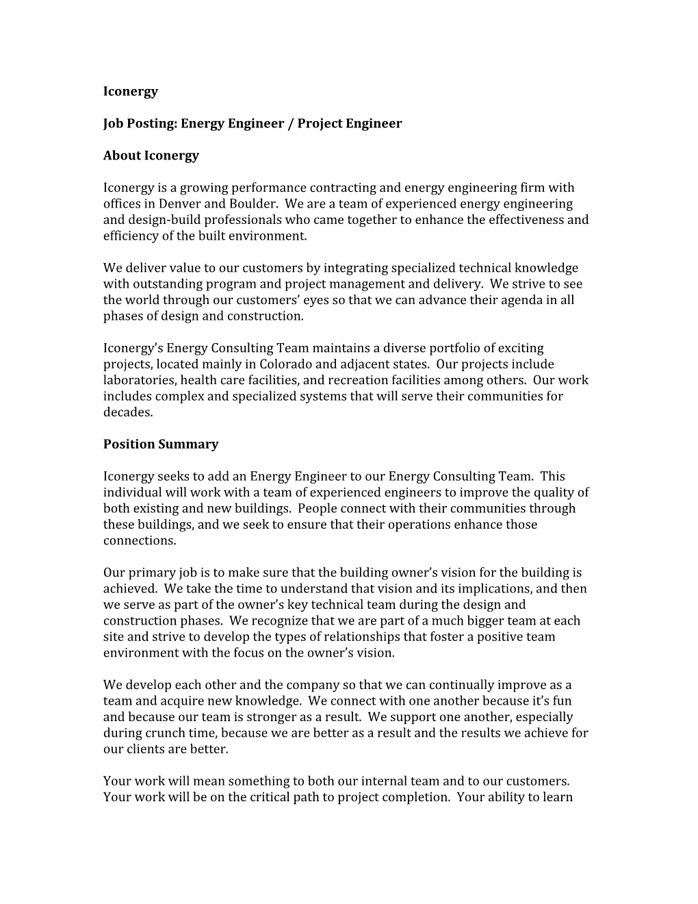 Job Posting: Energy Engineer / Project Engineer