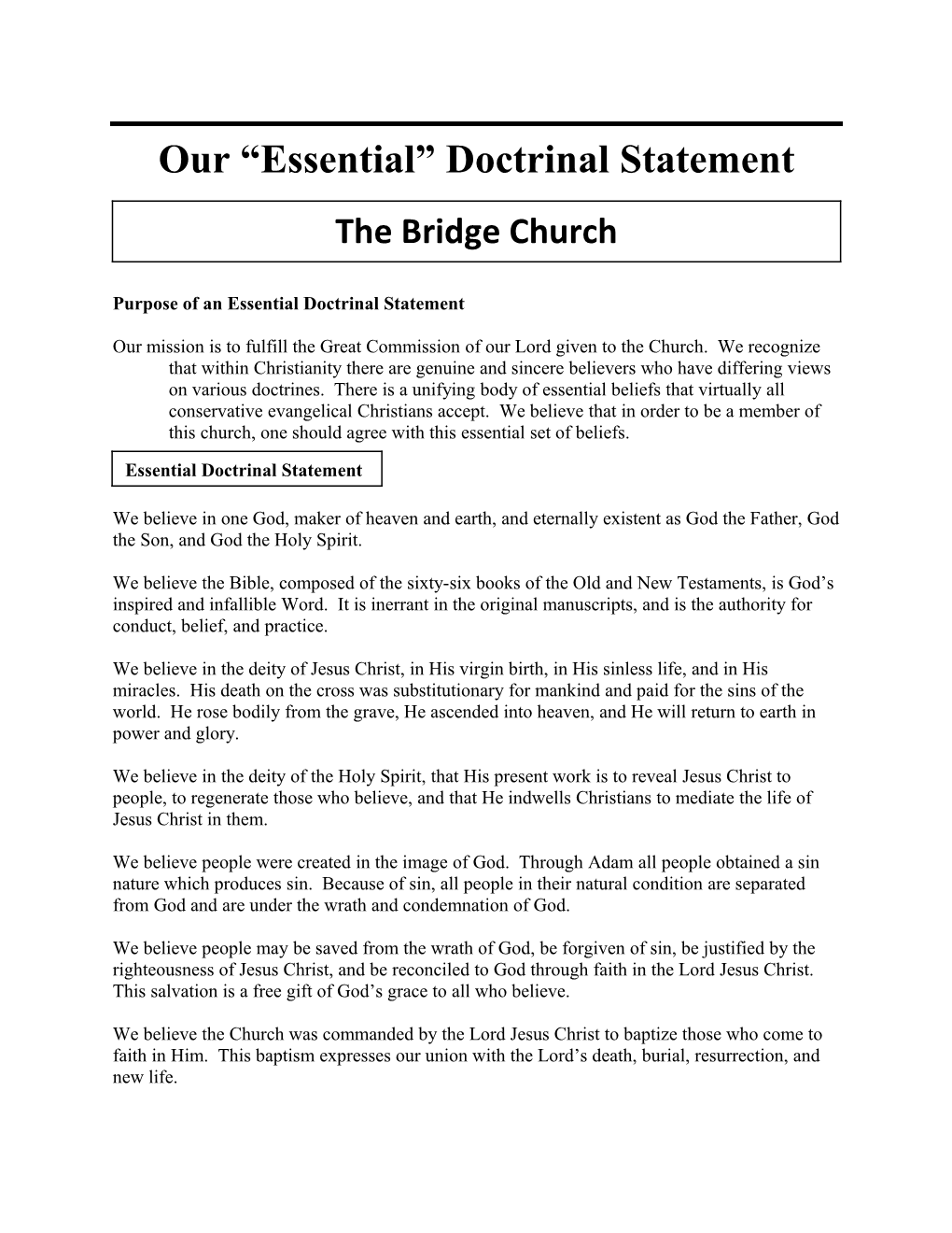 Our Essential Doctrinal Statement