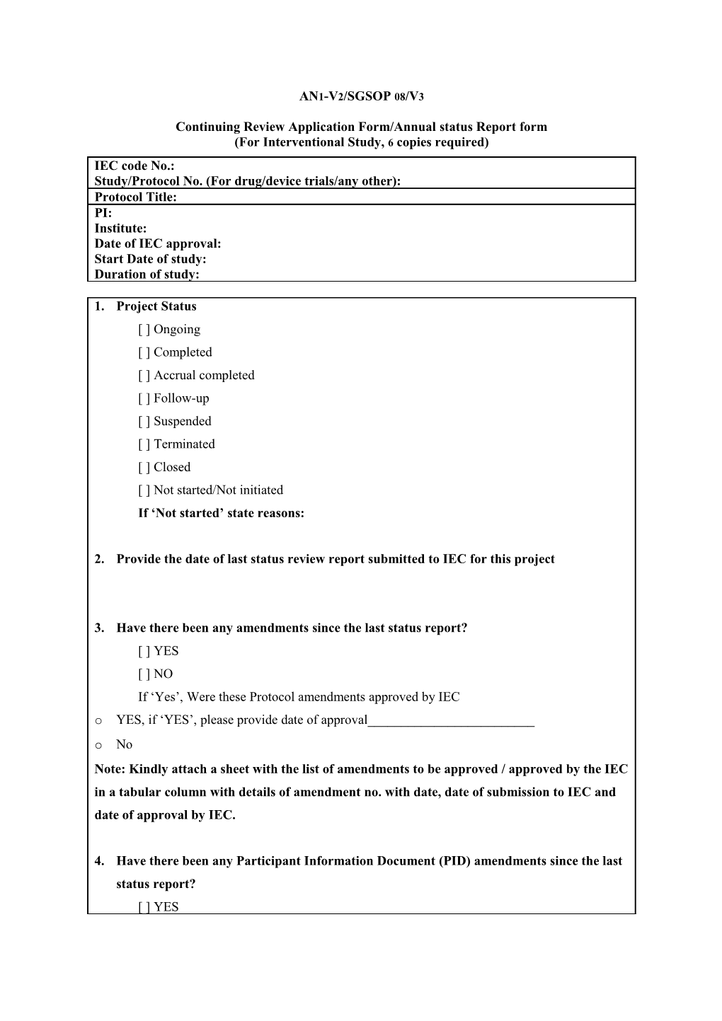 Continuing Review Application Form/Annual Status Report Form