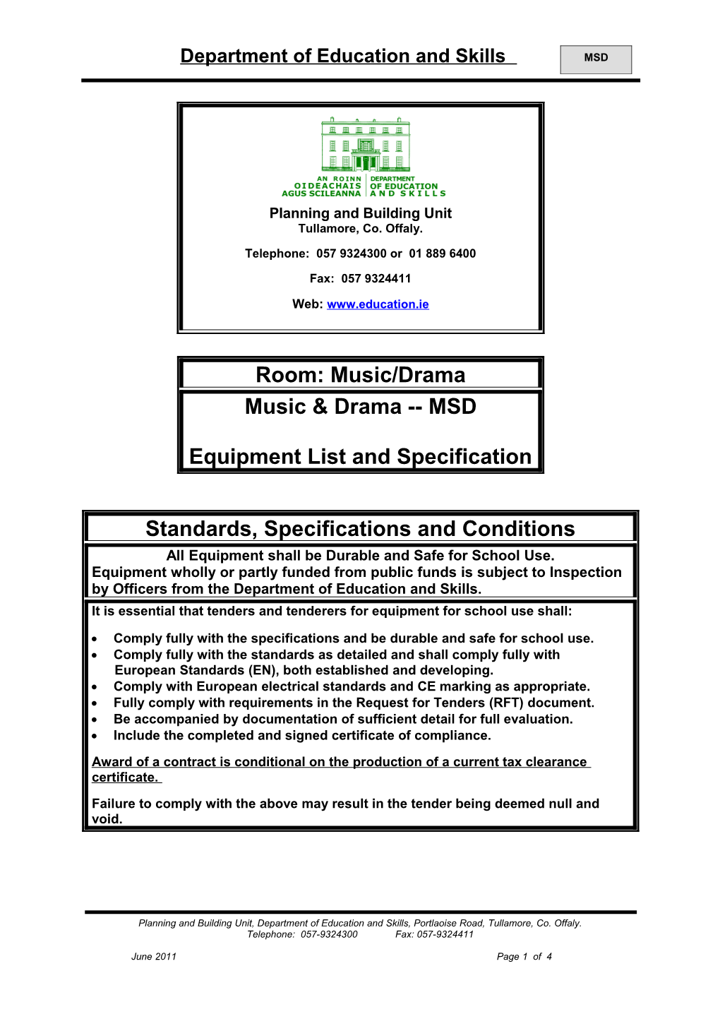 Room: Music/Drama - Music & Drama - MSD - Equipment List and Specification (File Format