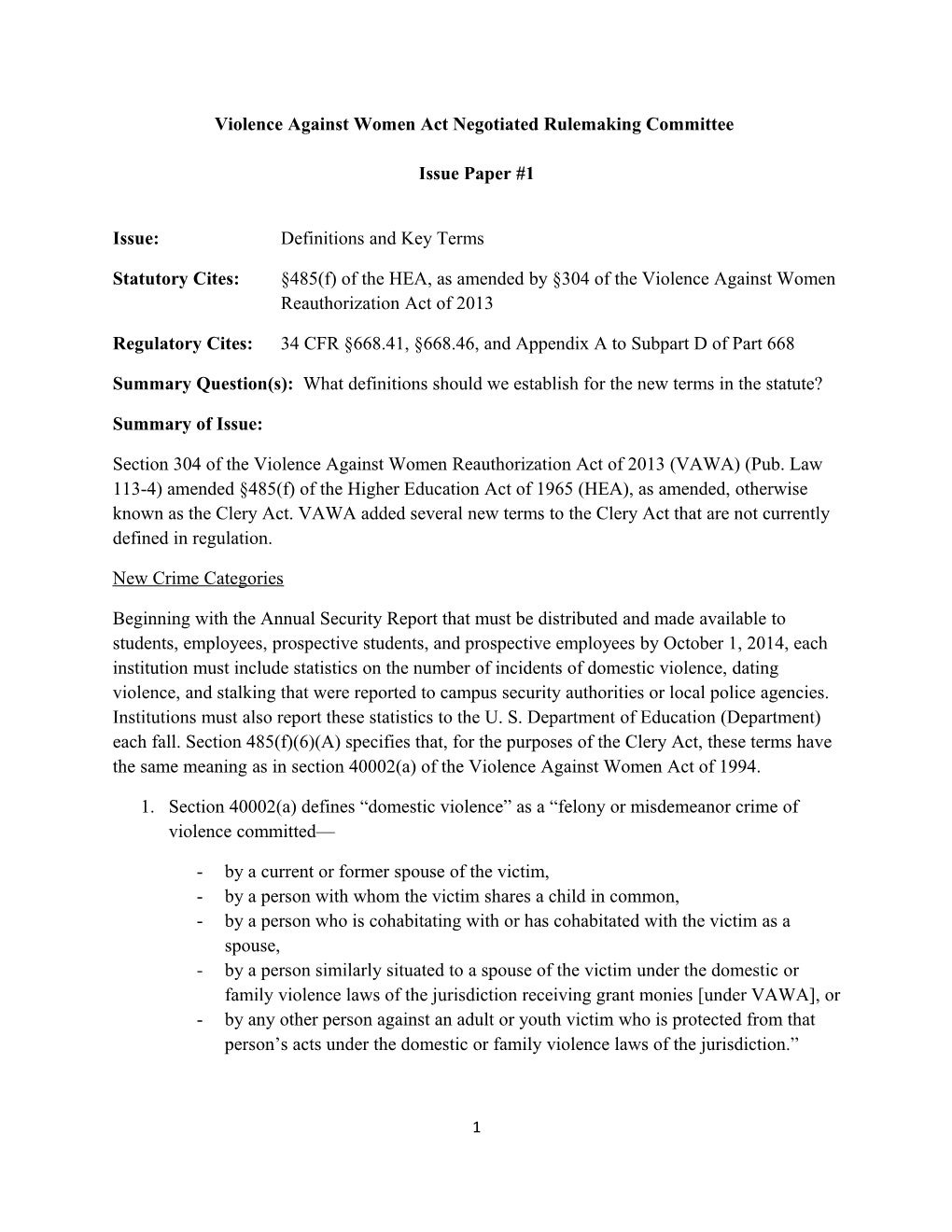 Negotiated Rulemaking for Higher Education 2012-2014: VAWA Issue Paper 1, Definitions And