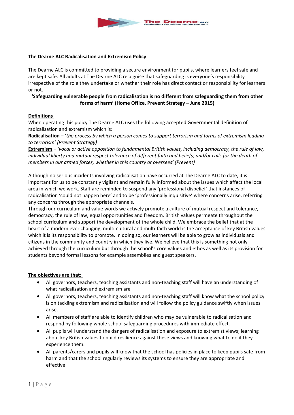 The Dearne ALC Radicalisation and Extremism Policy