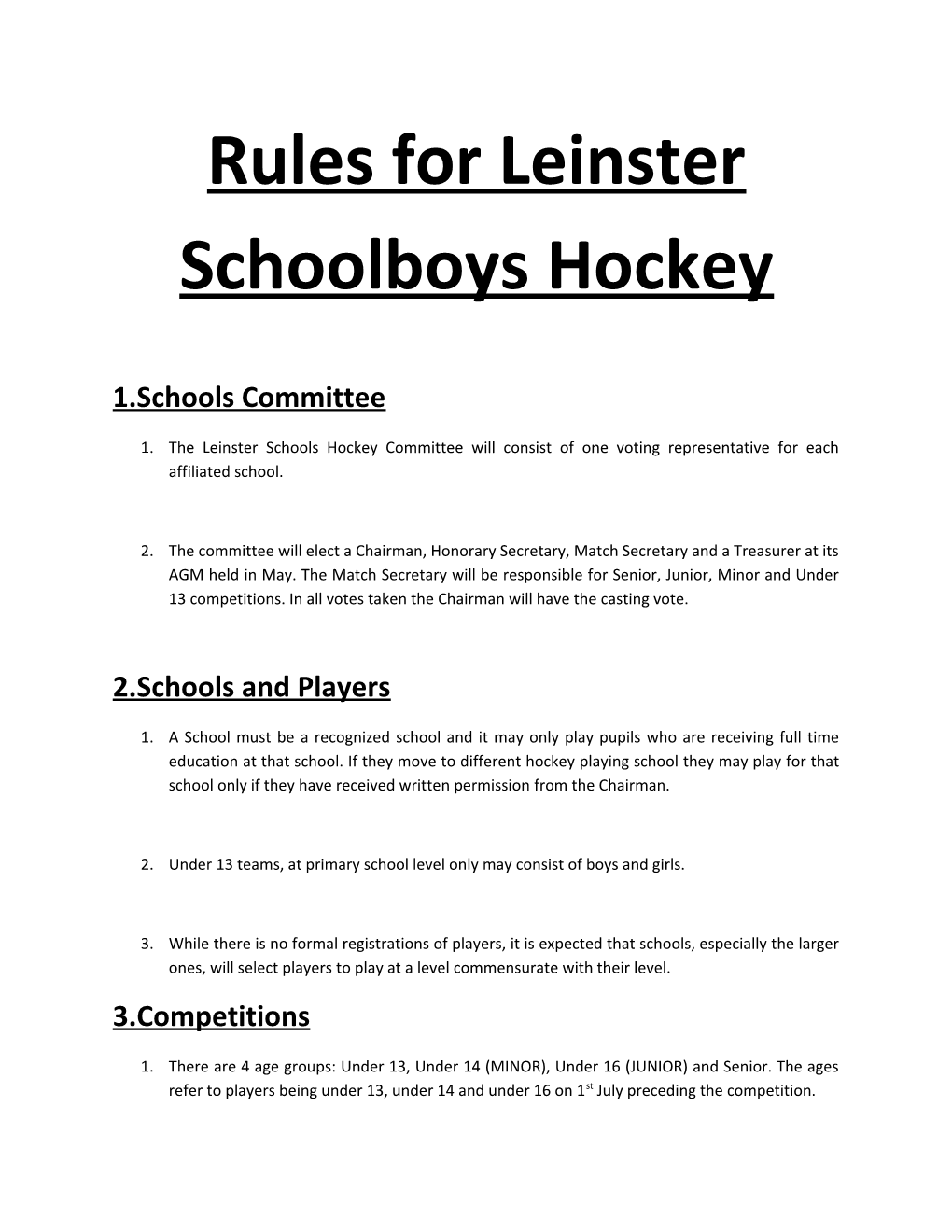 Rules for Leinster Schoolboys Hockey