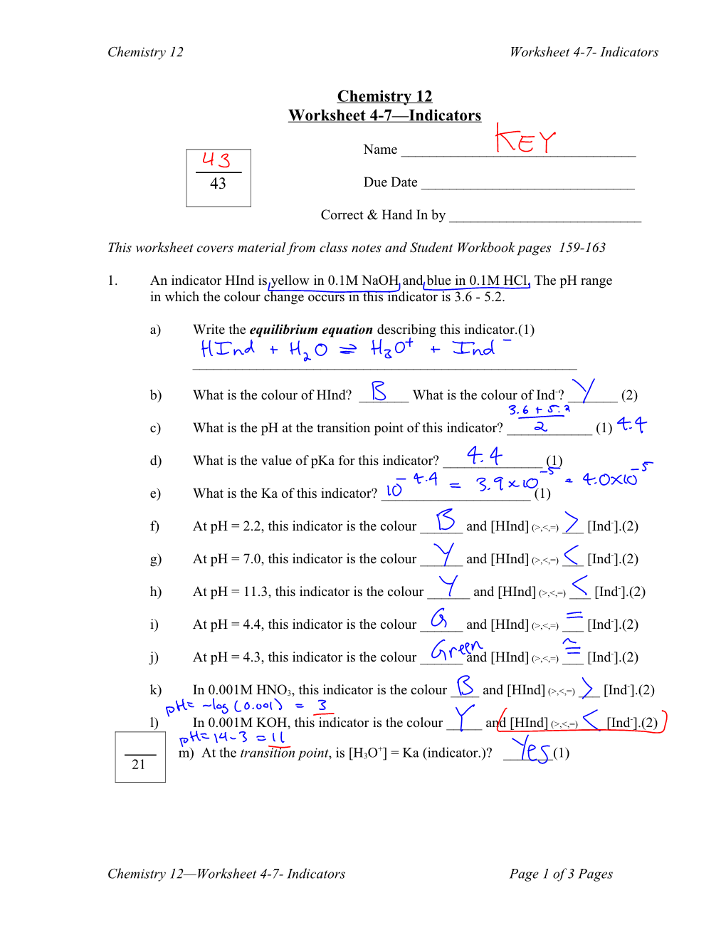 Chemistry 12 Worksheet 4-7- Indicators