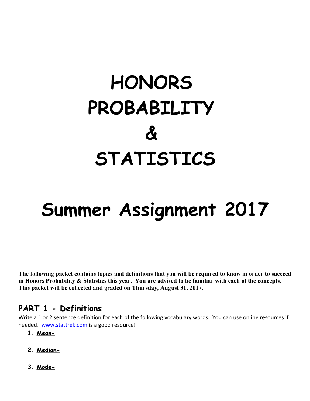 Statistics Review for Algebra 1