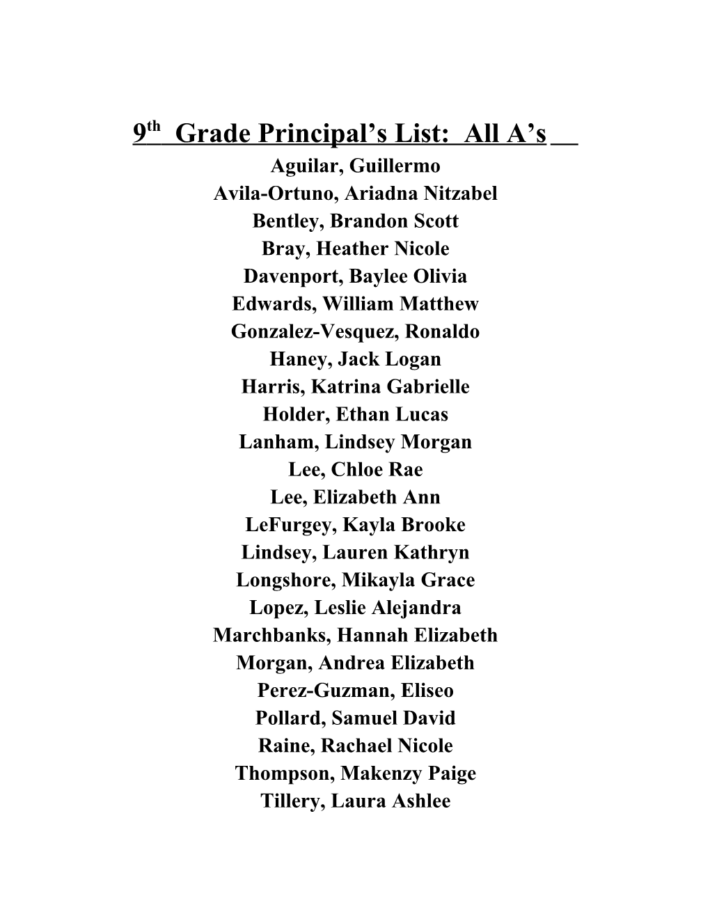 9Th Grade Principal S List: All a S