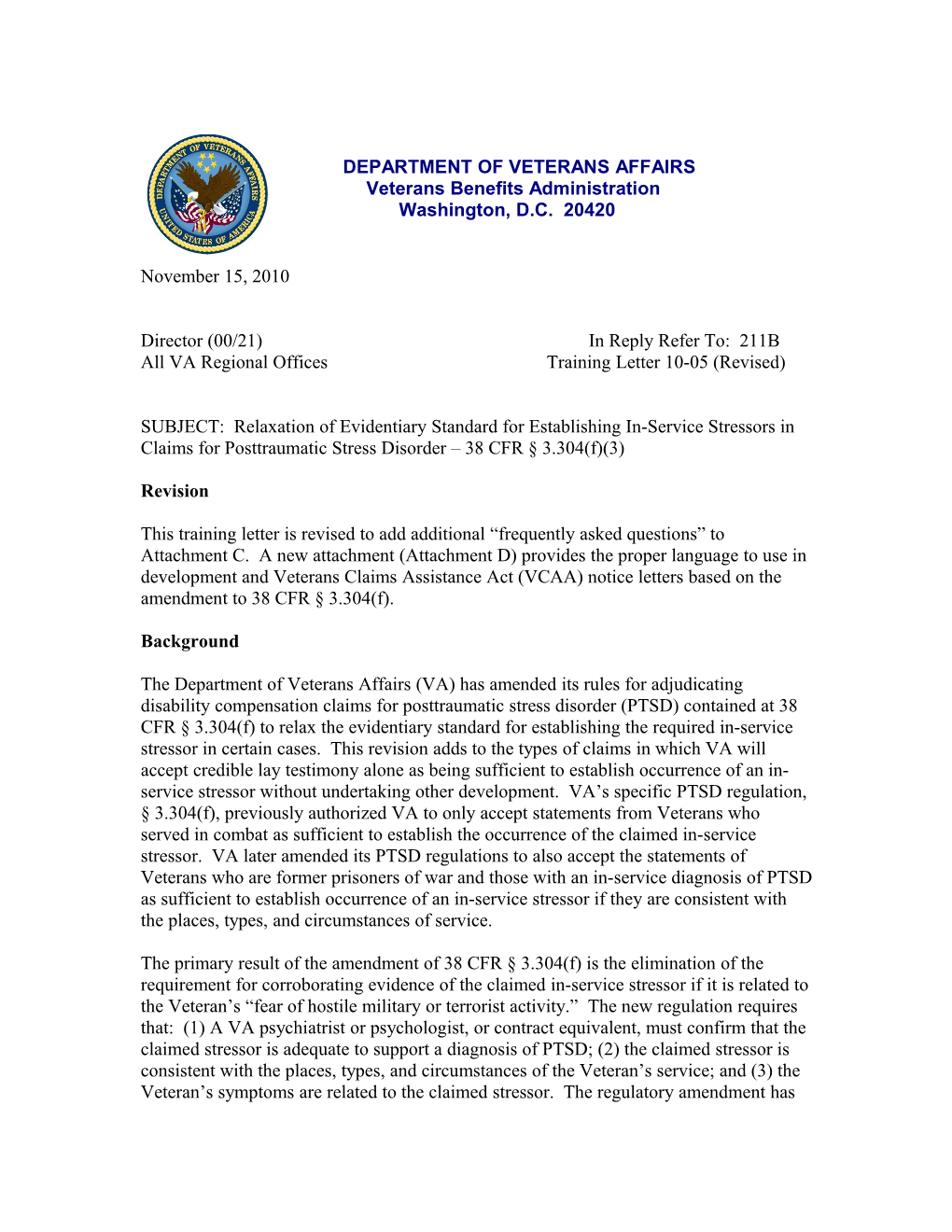 All VA Regional Offices Training Letter 10-05 (Revised)