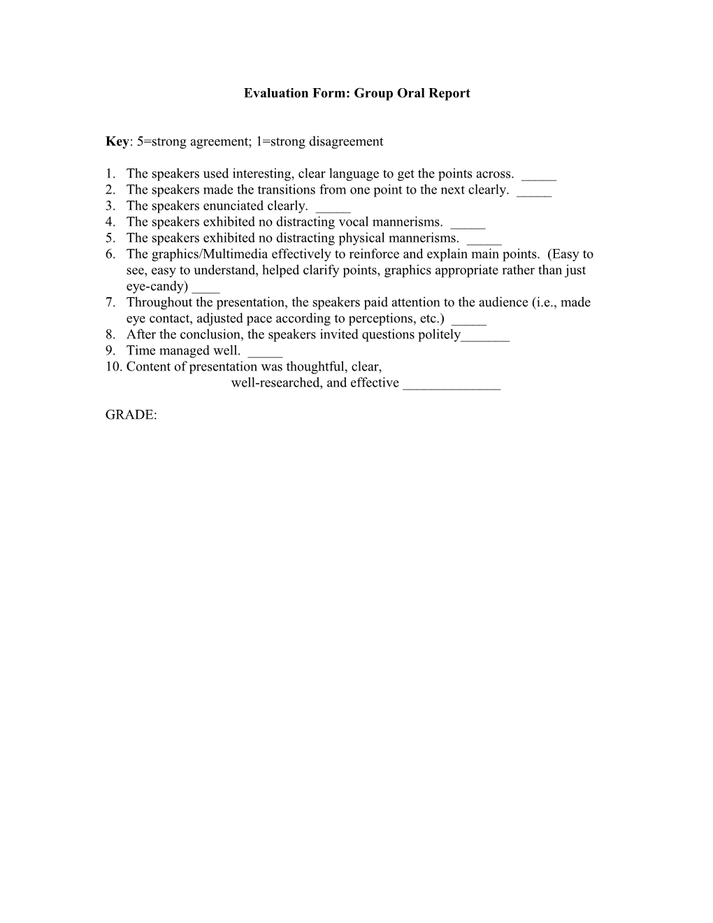 Evaluation Form: Oral Report