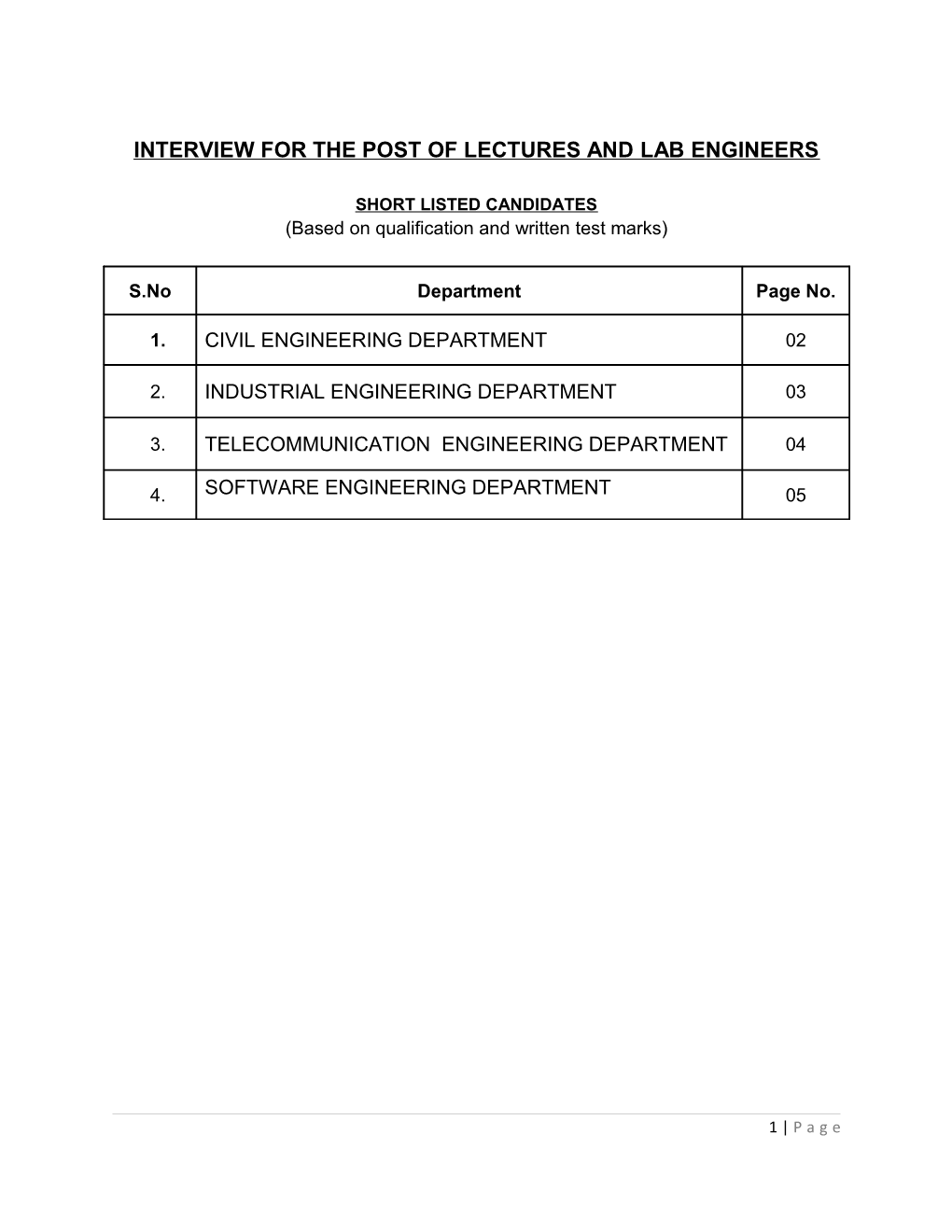 Interview for the Post of Lectures and Lab Engineers