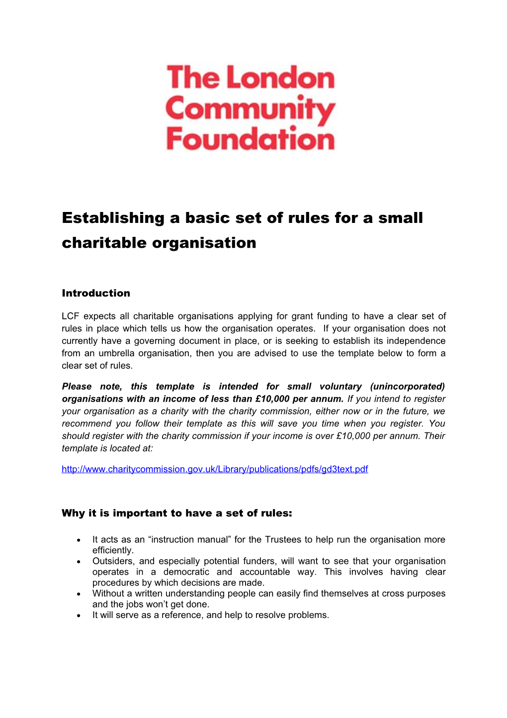 Establishing a Basic Set of Rules for a Small Charitable Organisation