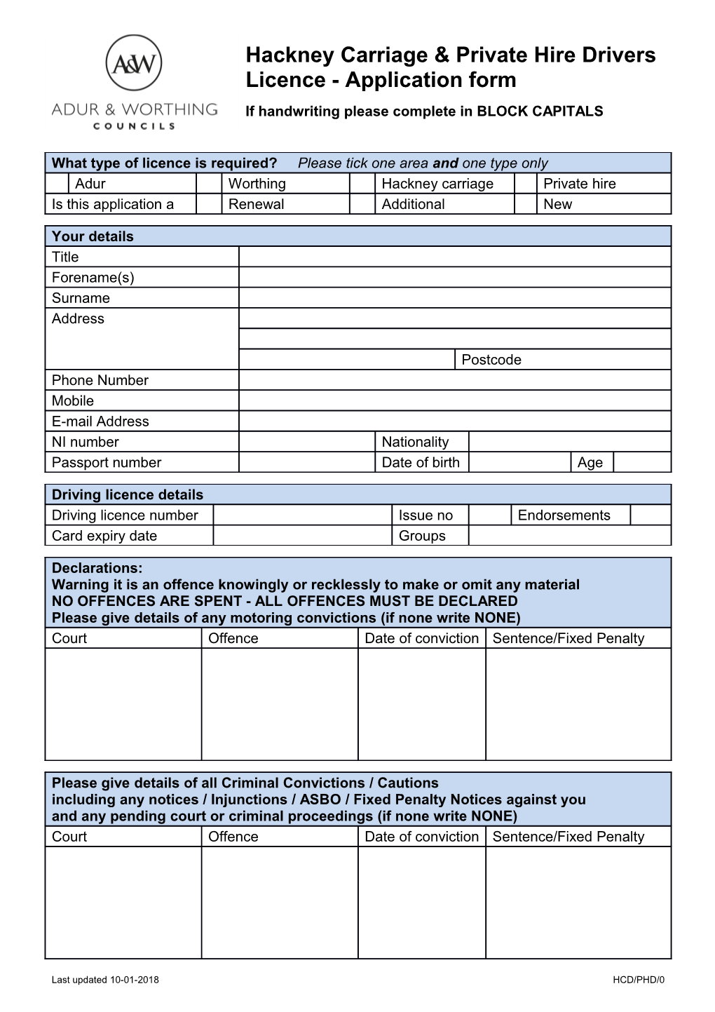 Hackney Carriage & Private Hire Drivers Licence - Application Form