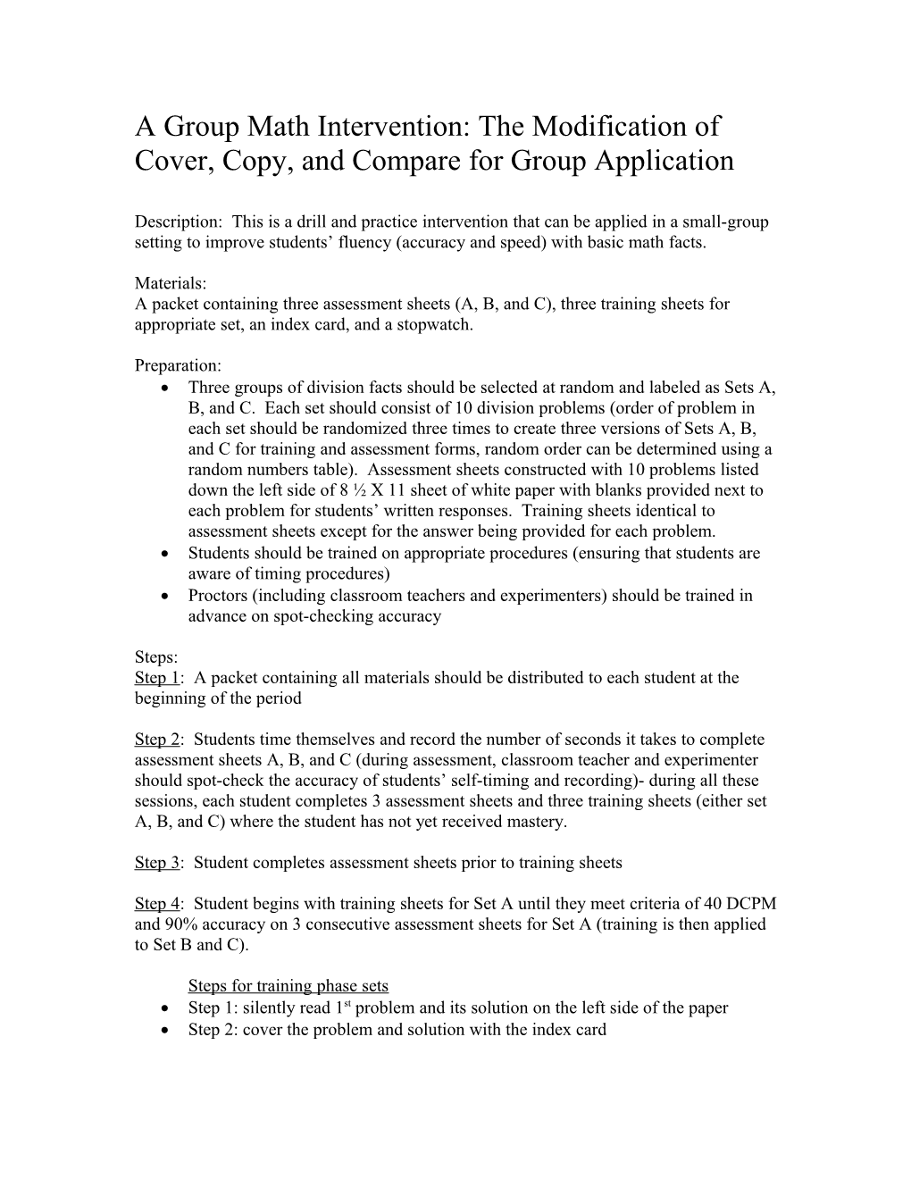 A Group Math Intervention: the Modification of Cover, Copy, and Compare for Group Application