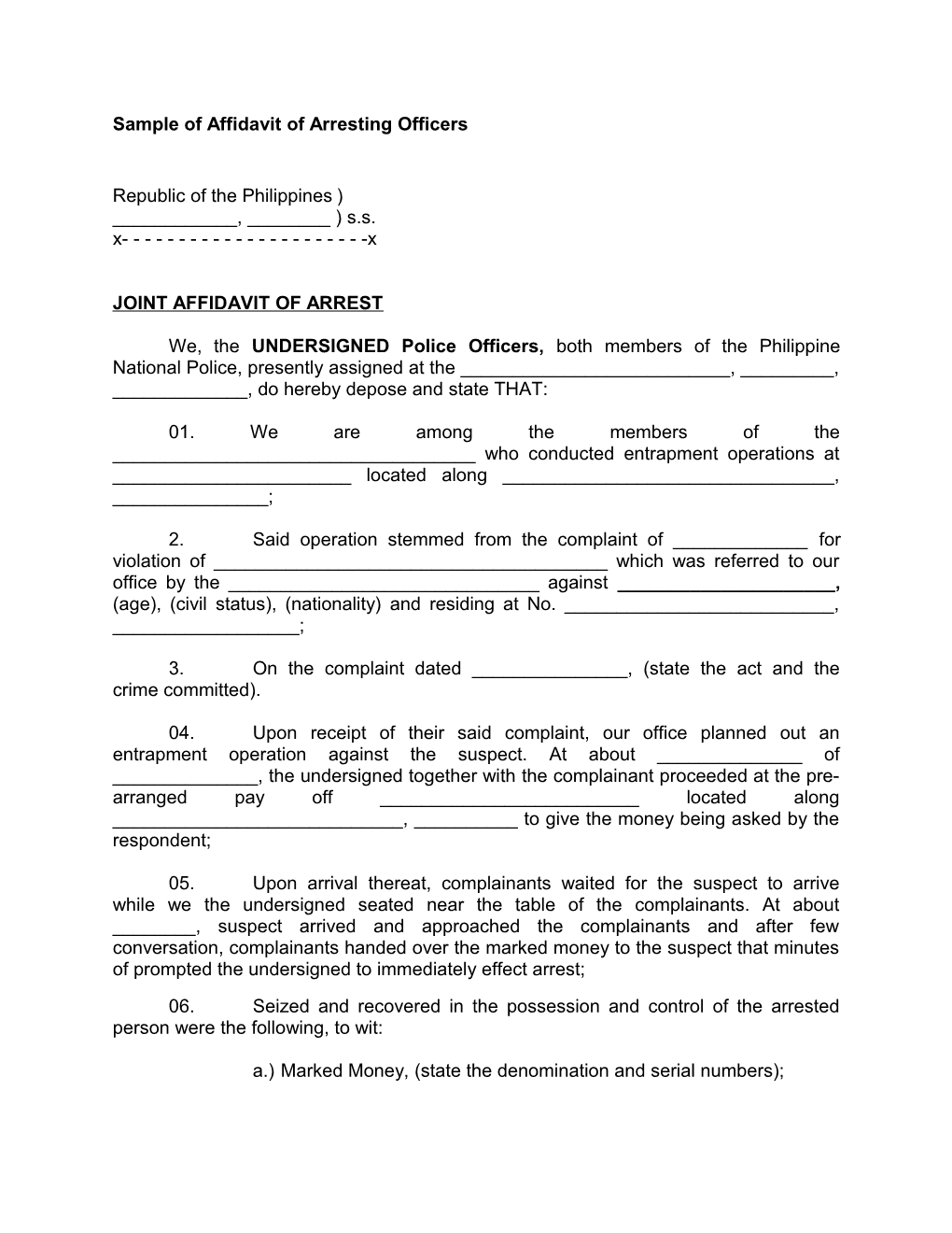 Sample of Affidavit of Arresting Officers