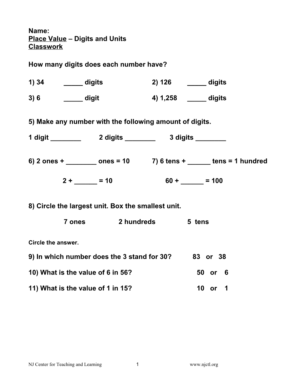 Place Value Digits and Units