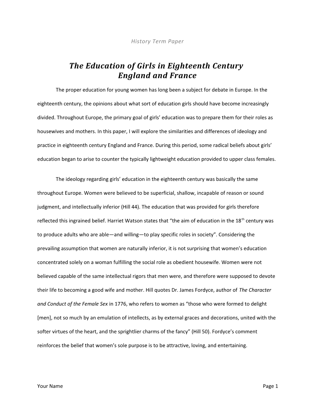 The Education of Girls in Eighteenth Century England and France