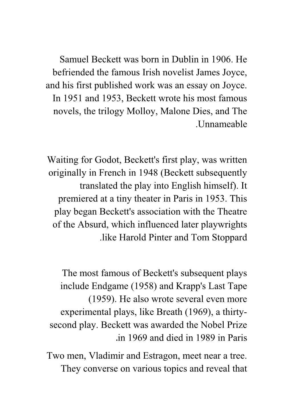 Waiting for Godot, Beckett's First Play, Was Written Originally in French in 1948 (Beckett