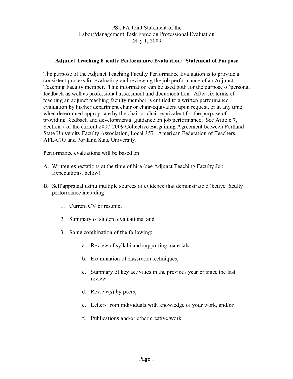 Adjunct Teaching Faculty Performance Evaluation: Statement of Purpose
