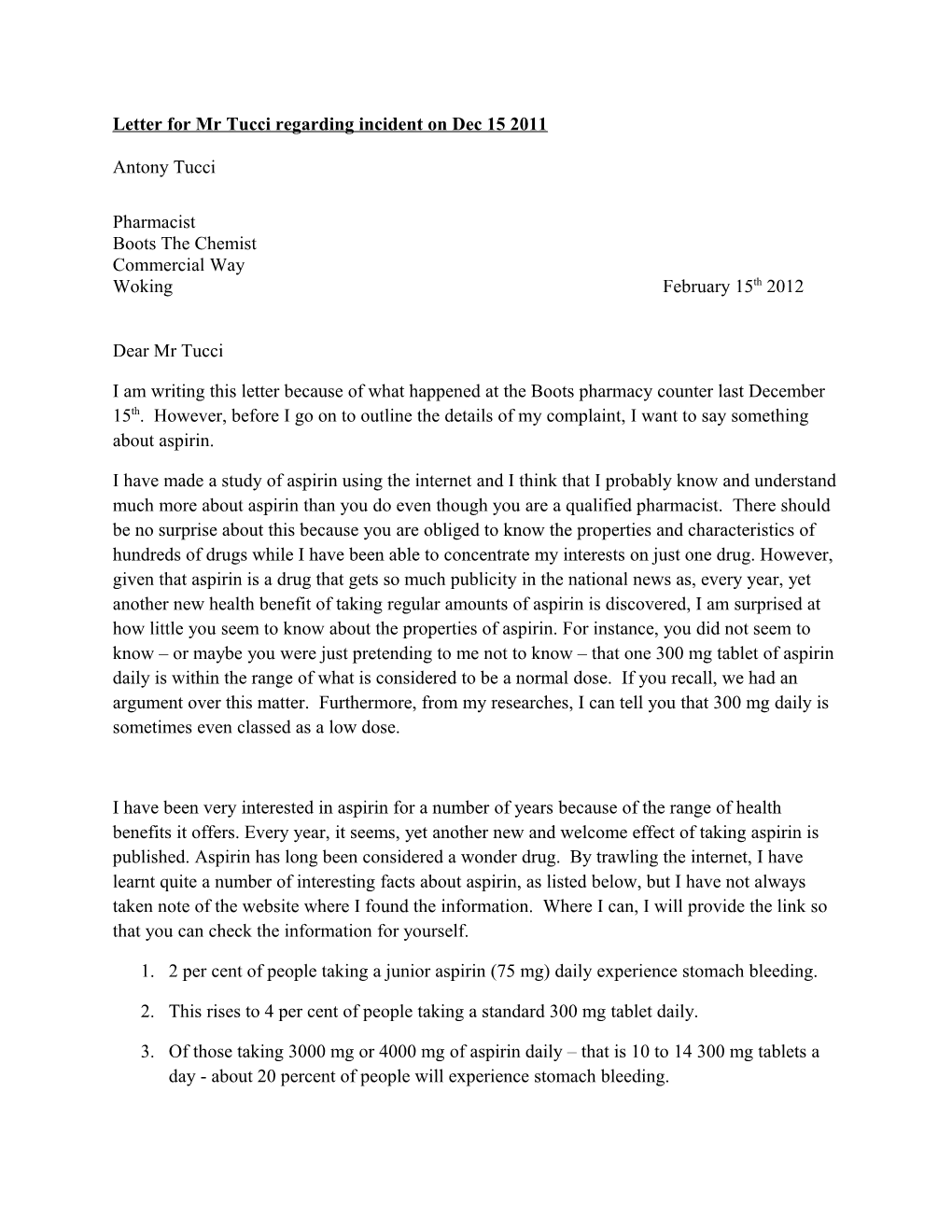 Letter for Mr Tucci Regarding Incident on Dec 15 2011