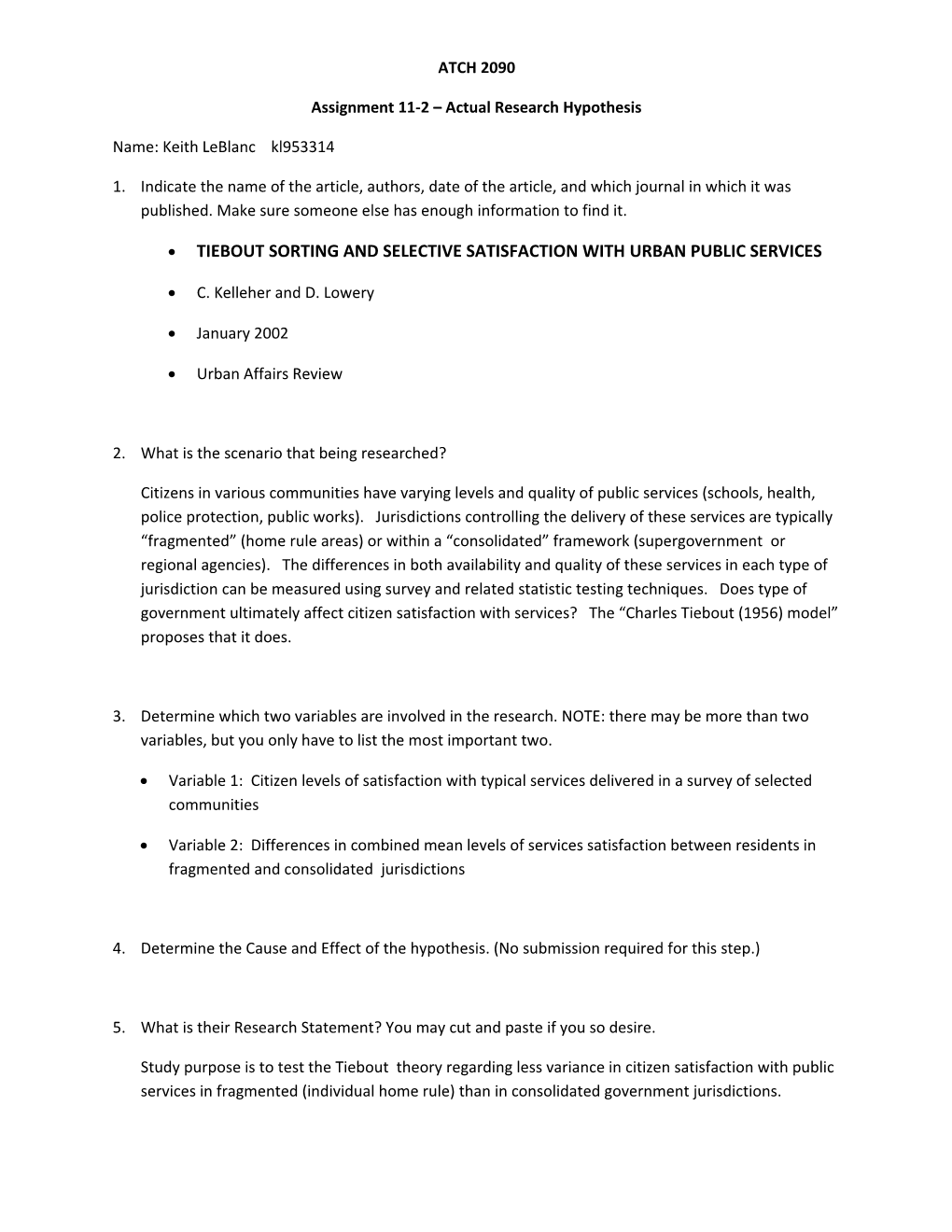 Assignment 11-2 Actual Research Hypothesis