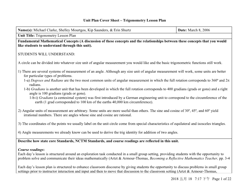 Unit Plan Cover Sheet Trigonometry Lesson Plan