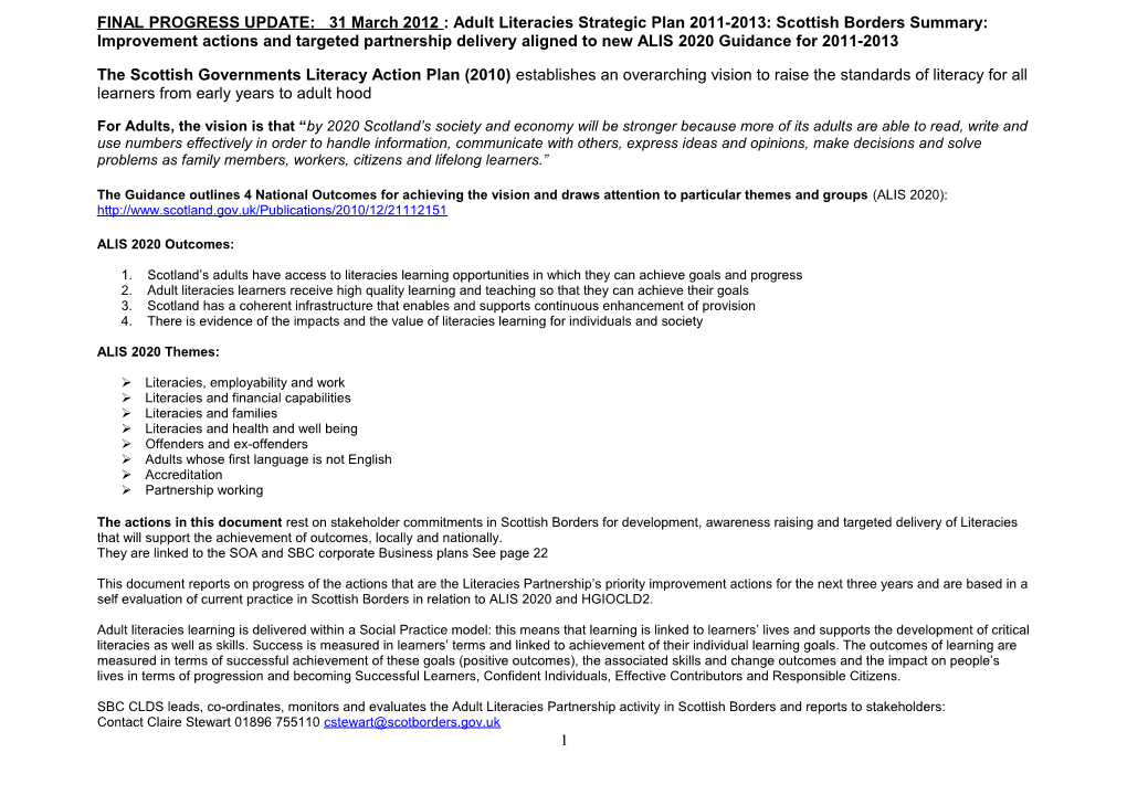 Literacies Strategic Plan: Scottish Borders Summary: Improvement Actions and Targeted