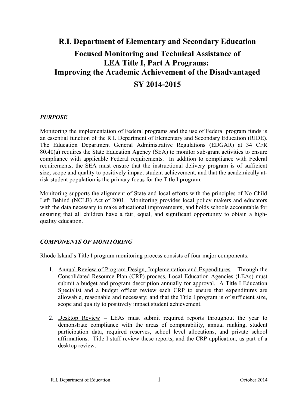 NCLB Monitoring of Local Education Agency Title I Programs