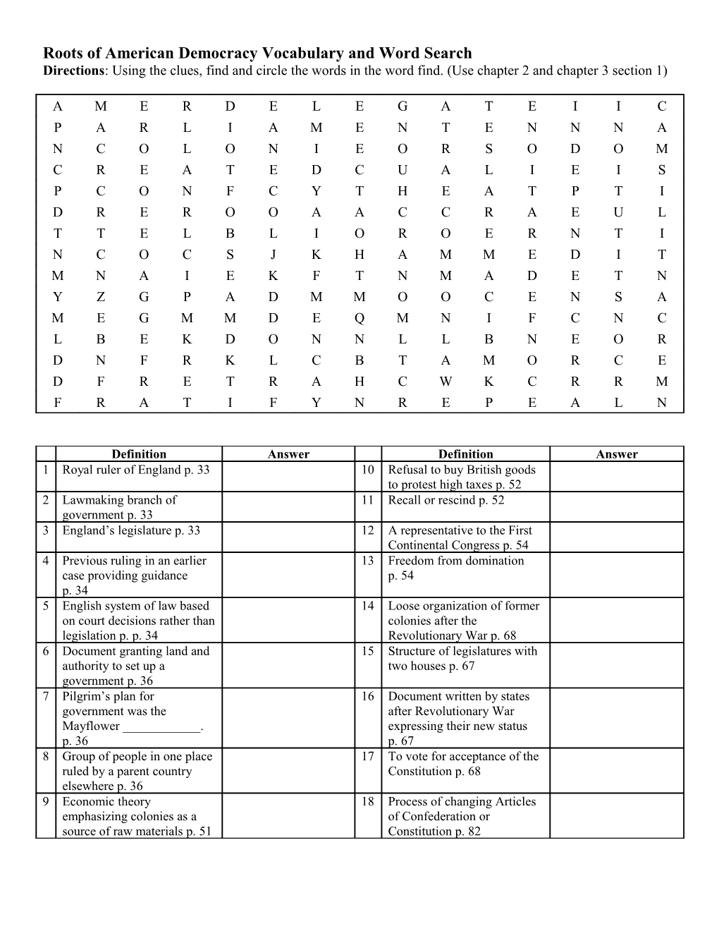 Roots of American Democracy Vocabulary and Word Search