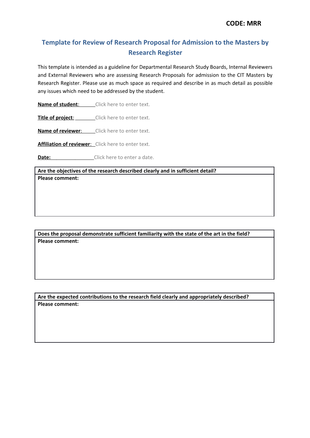 Template for Review of Research Proposal for Admission to the Masters by Research Register