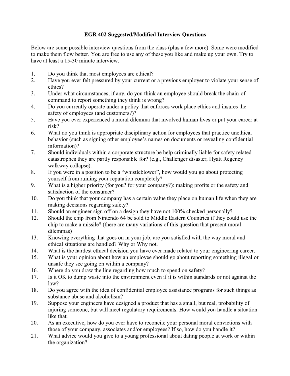 EGR 402 Suggested/Modified Interview Questions
