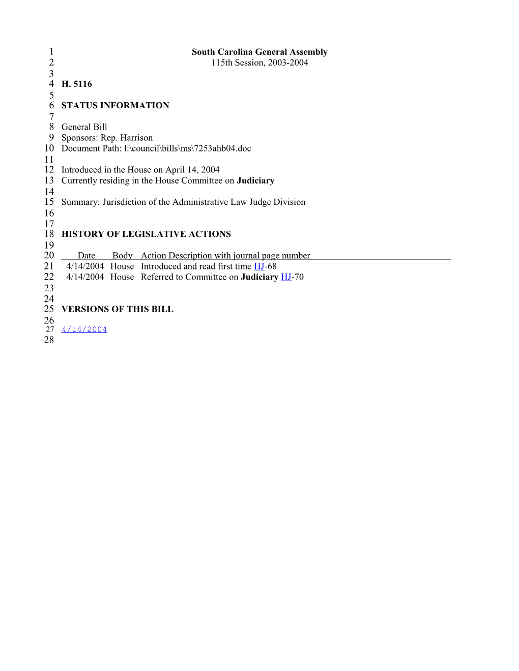 2003-2004 Bill 5116: Jurisdiction of the Administrative Law Judge Division - South Carolina