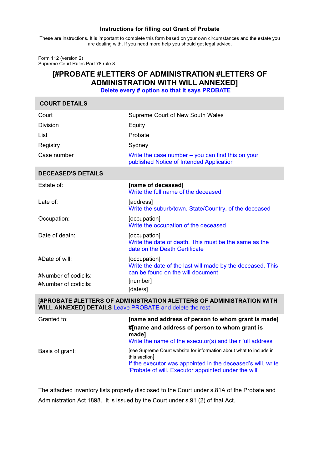 NSW UCPR Form 112 (Version 2) - Probate (Grant)