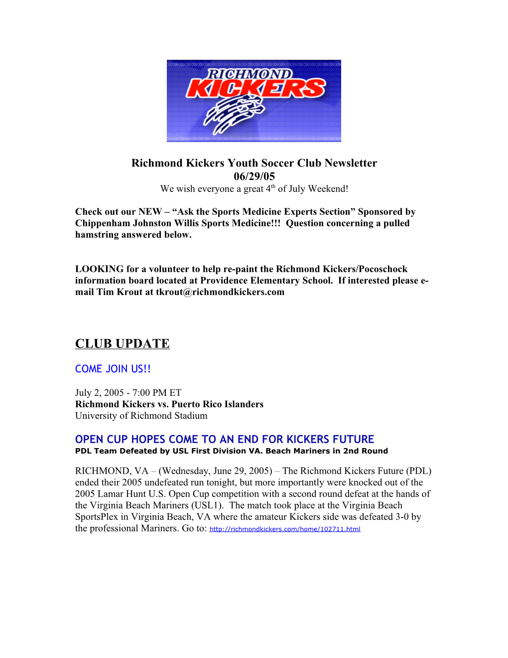 Richmond Kickers Youth Soccer Club Newsletter