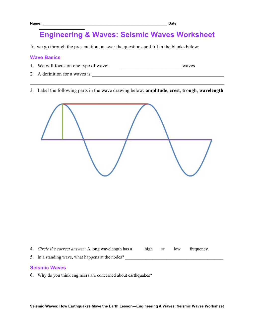 Engineering Waves: Seismic Waves Worksheet