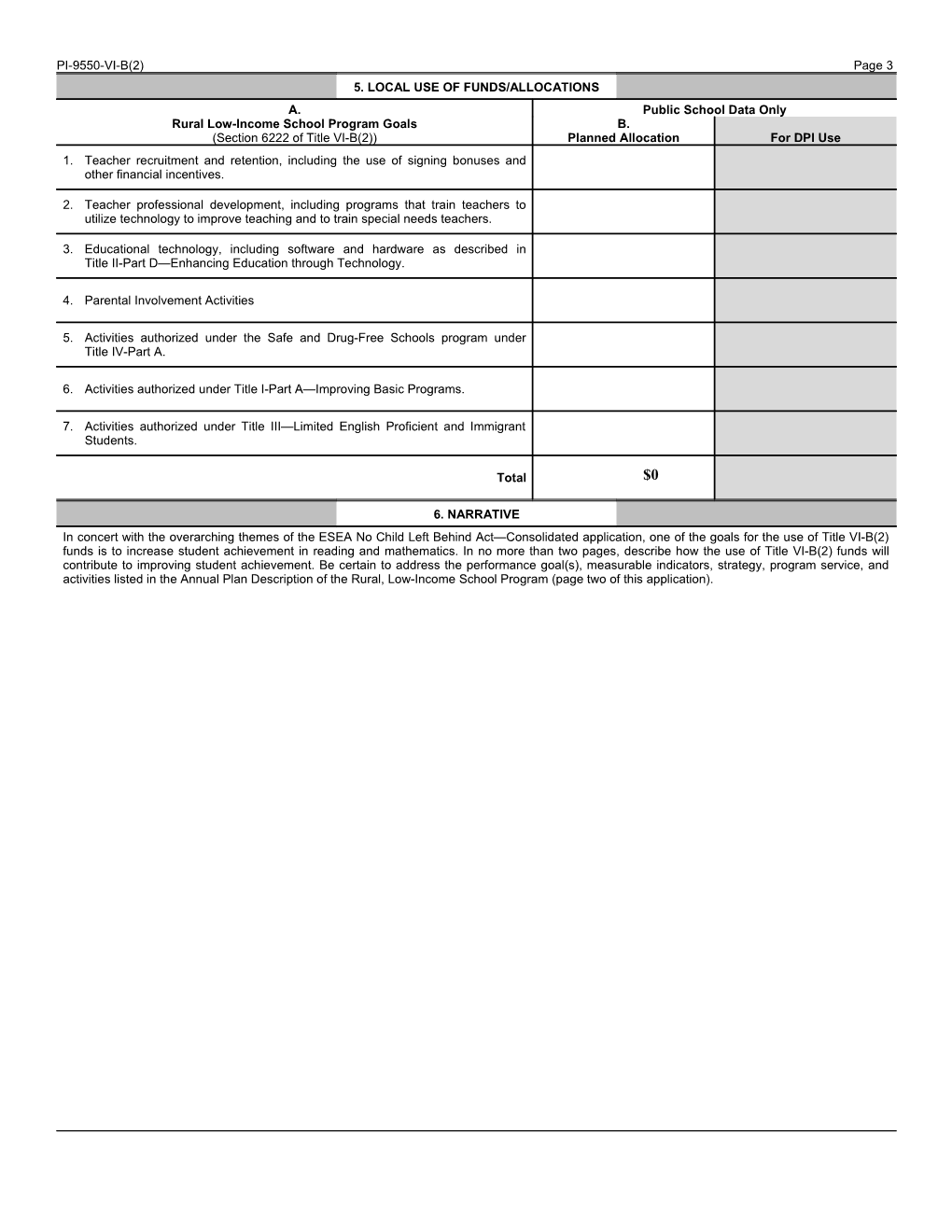 PI-9550-VI-B(2) Grant Application Rural, Low-Income School Achievement Program