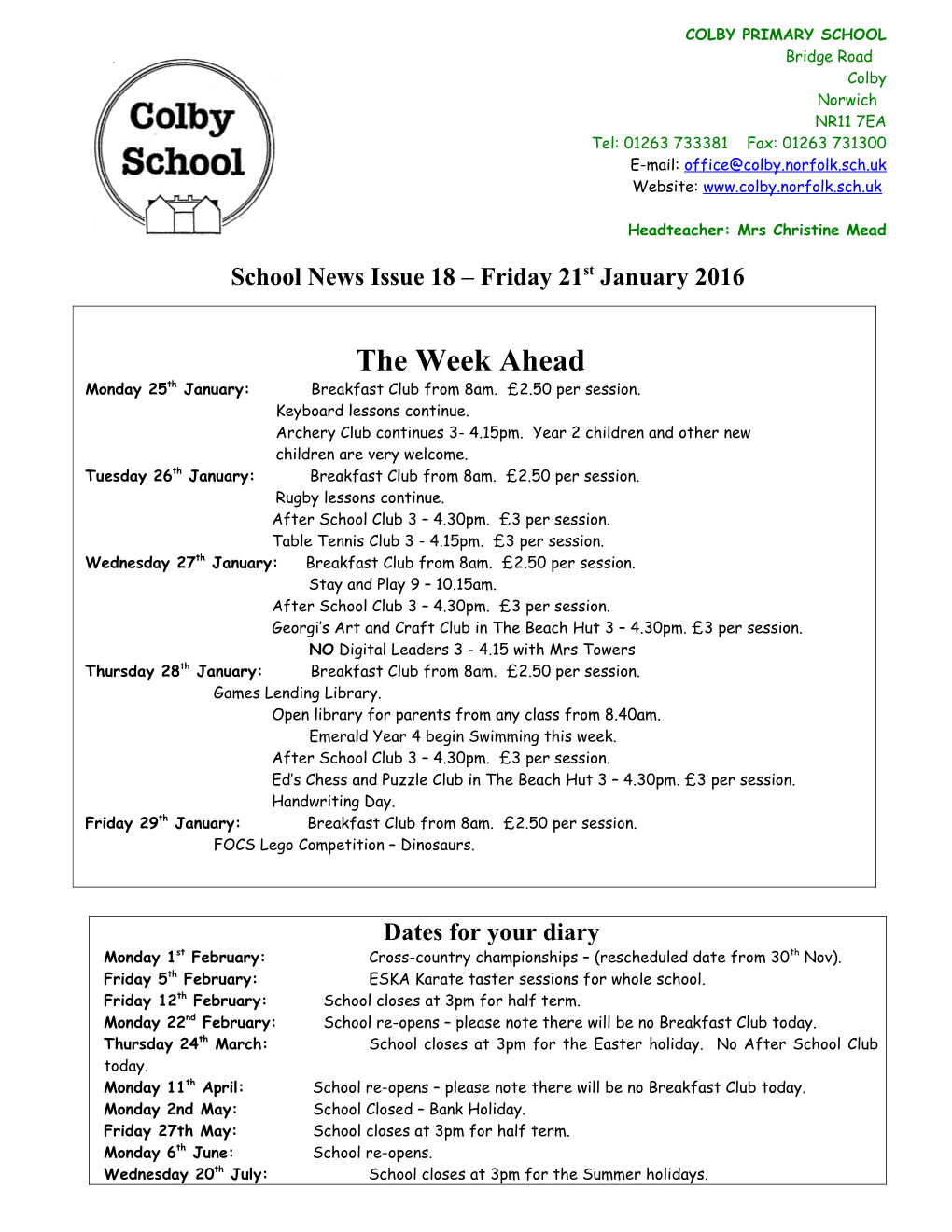 School News Issue 18 Friday 21St January 2016