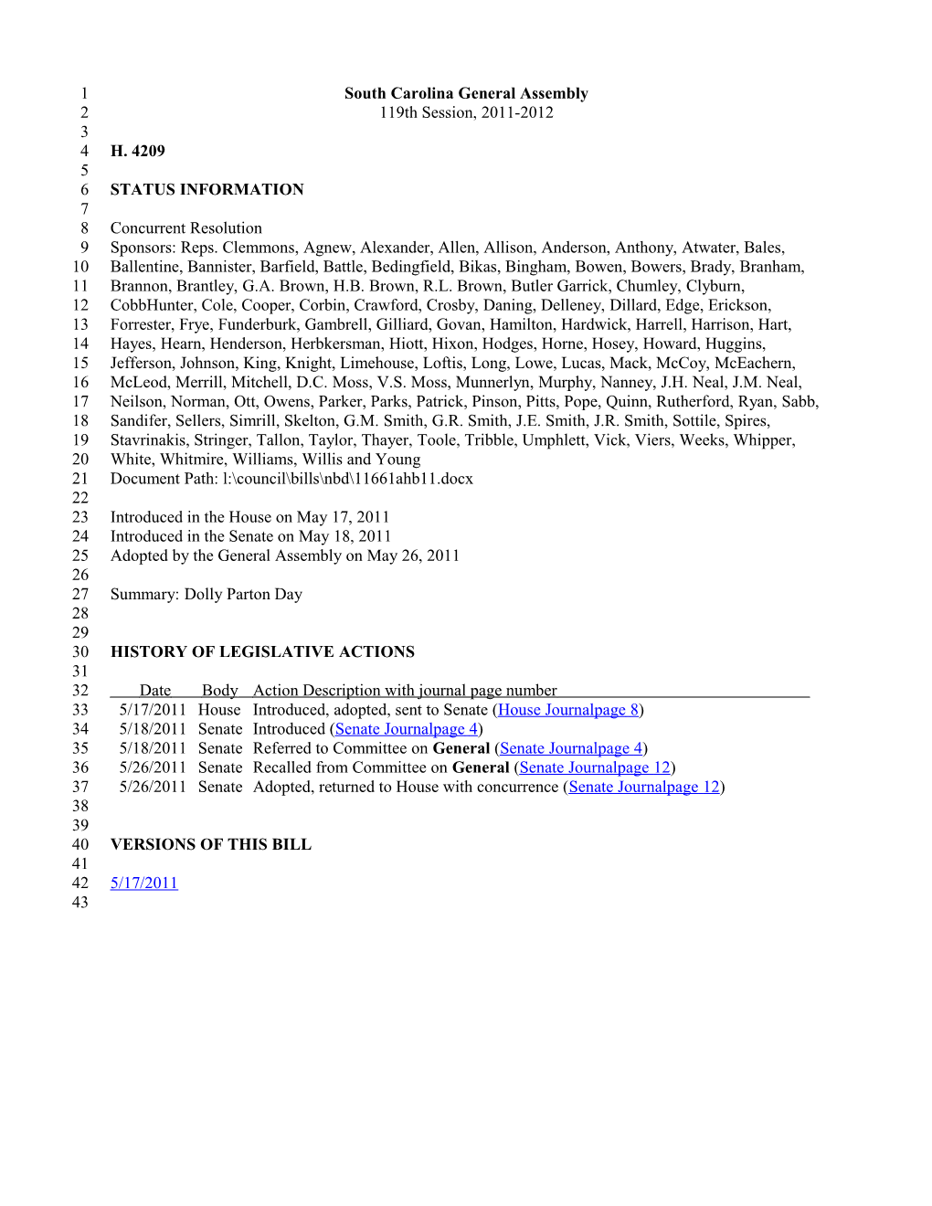 2011-2012 Bill 4209: Dolly Parton Day - South Carolina Legislature Online
