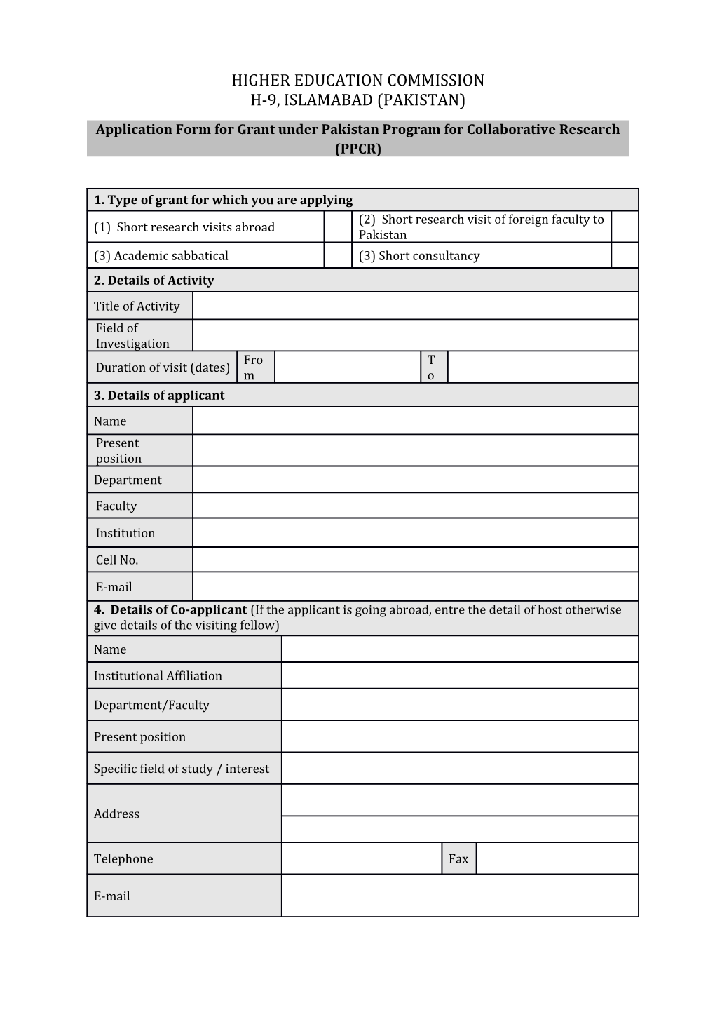 Application Form for Grant Under Pakistan Program for Collaborative Research (PPCR)