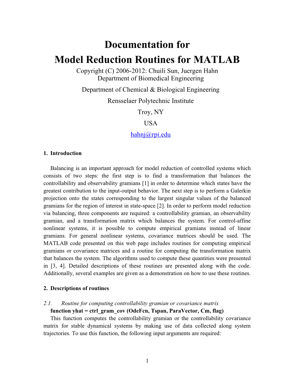 Model Reduction Routines for MATLAB