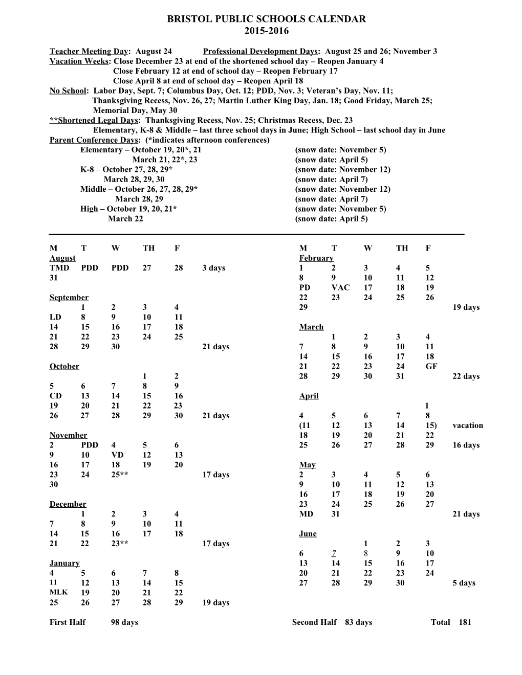 Bristol Public Schools Calendar