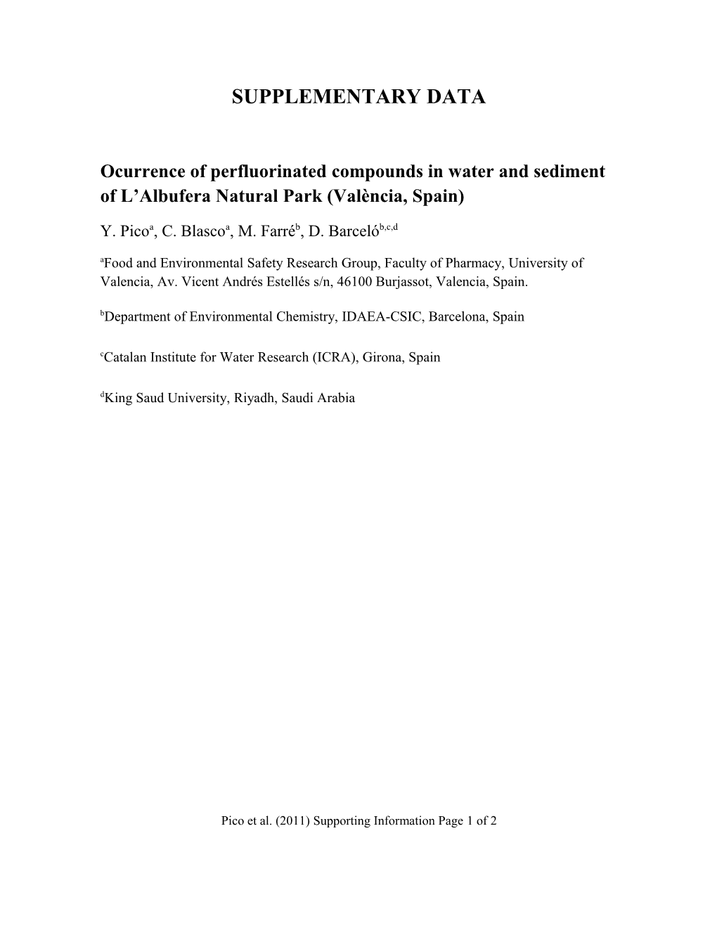 Ocurrence of Perfluorinated Compounds in Water and Sediment of L Albufera Natural Park